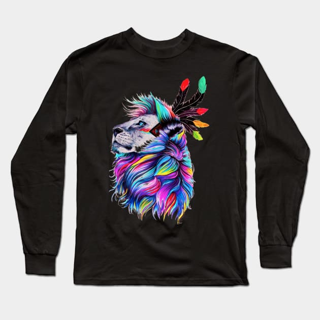 Colorful Lion Face Aztec Long Sleeve T-Shirt by joyjeff